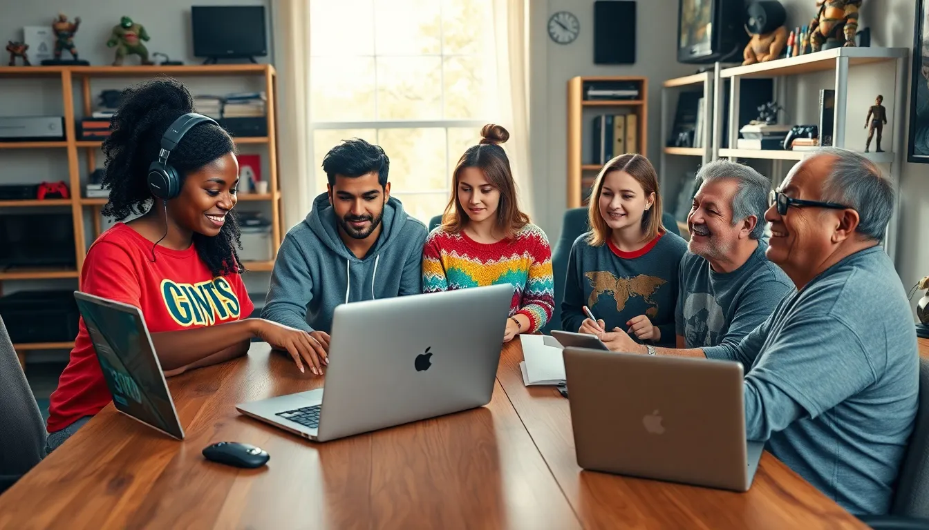 a diverse group of gamers collaborating in a cozy office space.