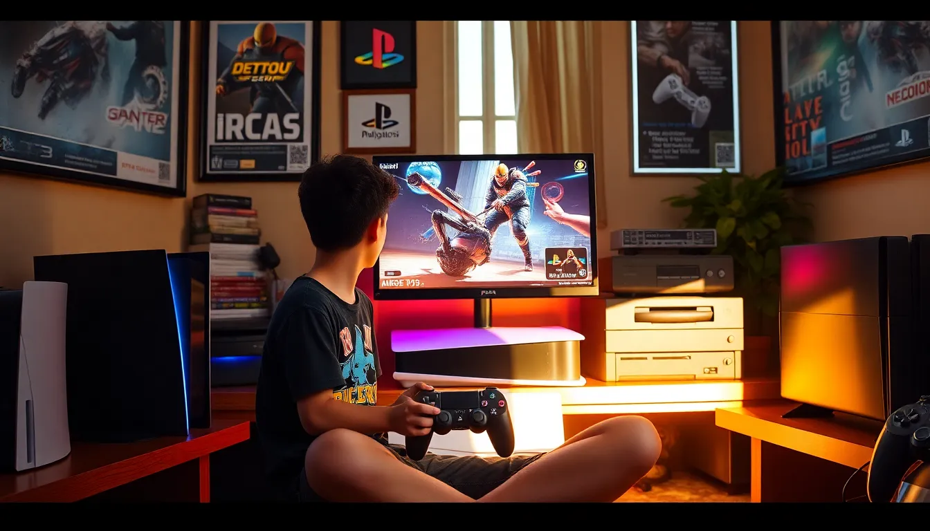 a teenage boy playing on a PlayStation 5 in a decorated gaming room.