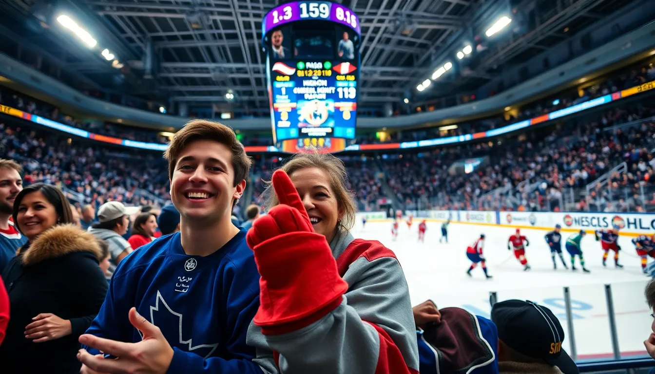 fans cheering in a hockey arena during an exciting game.